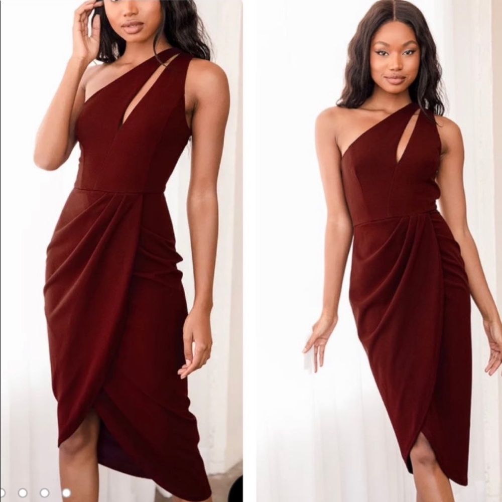 Lulu’s Burgundy So Flirty One Shoulder Cut Out Asymmetric Red Dress Size M